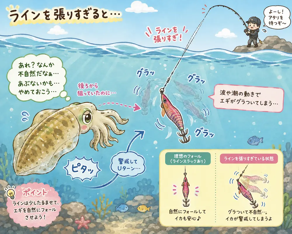 ラインを張りすぎるとエギが不安定になりイカに警戒される説明の画像

