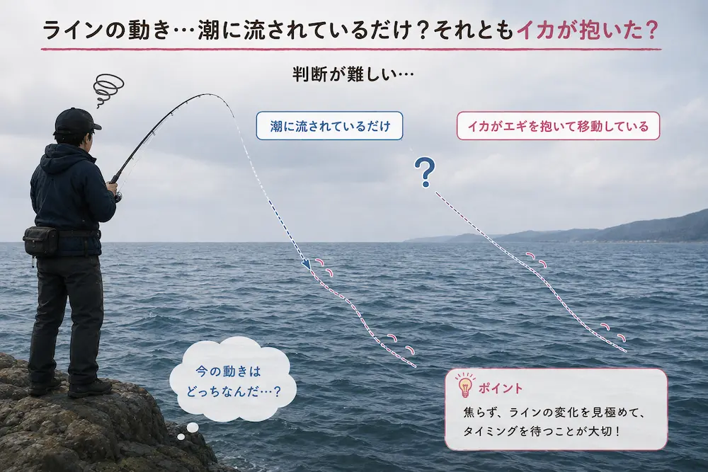 ラインは潮に流されているのかイカが引っ張って動いているのかの説明