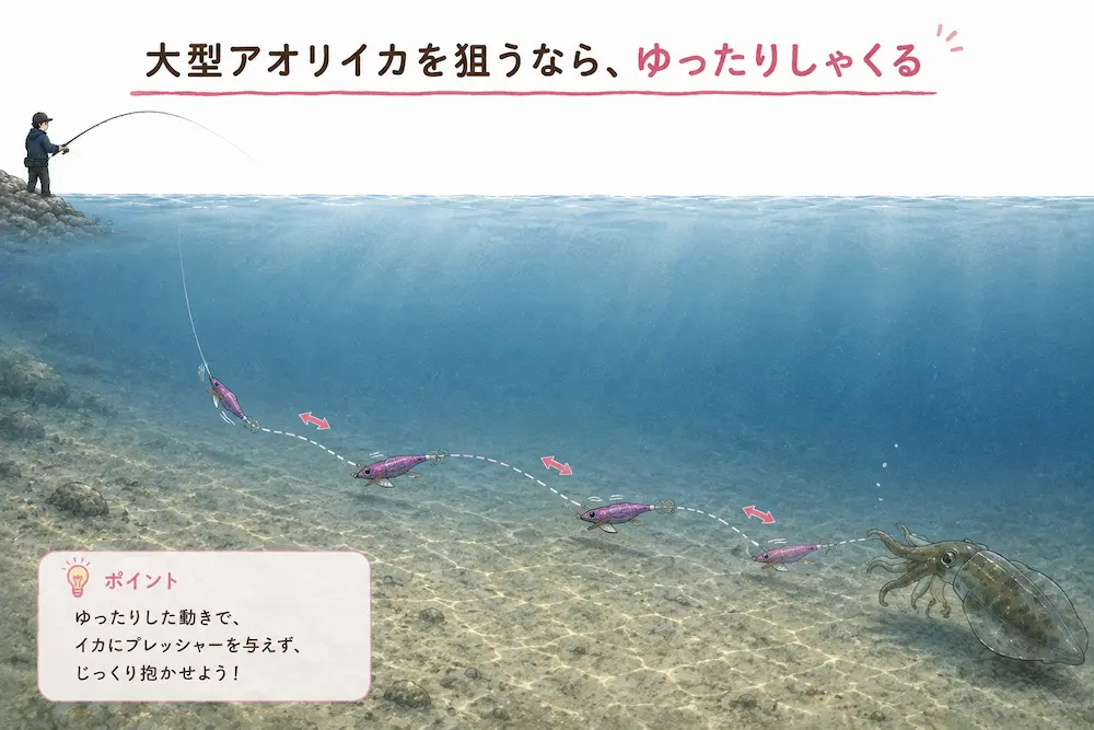 ボトム付近をゆったり誘うと大型のイカは抱いてくるイメージ図
